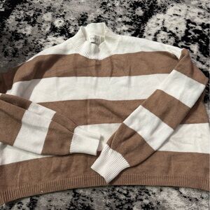 Pink Lily Brown and White Striped Mockneck Cropped Sweater